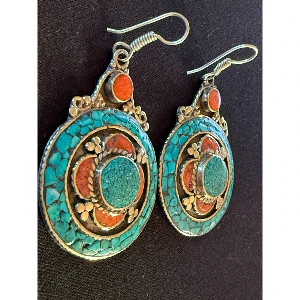 925 Silver Tribal Turquoise And Coral Earrings‎ Handcrafted with History